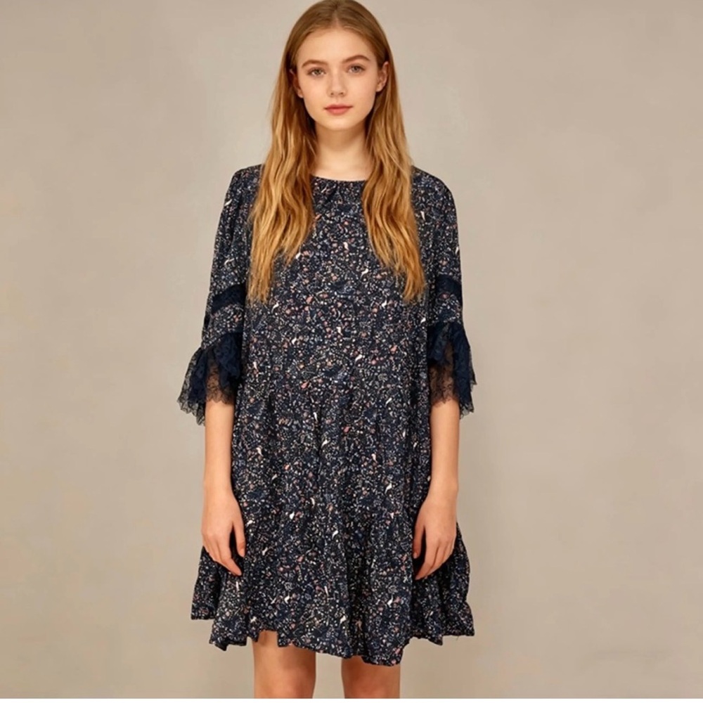 See By Chloe Navy Floral Dress with Lace Detail